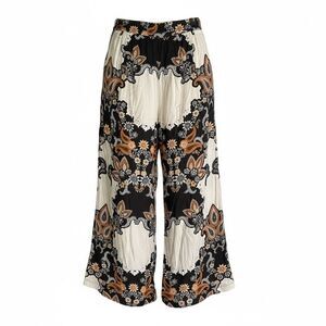 Ollari NY Anthropologie Boho Wide Leg Pants Black Cream Floral Print | Size S